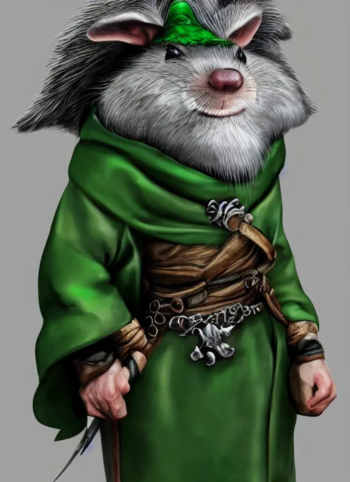 Image similar to a bearded gray humanoid rat with jewelry, green eyes, tricorne hat, green robe, D&D, digital art, realistic, trending on artstation, 4k