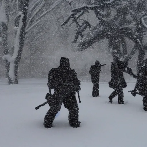 Prompt: snowy fields, snowy trees, partisans with guns, humanoid robots with machine guns, billowing smoke in the distance