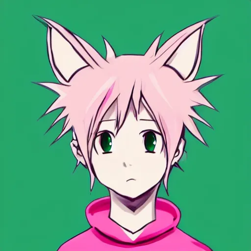 Prompt: cute young anime man with pink hair and pink wolf ears wearing a collar and a green hoodie, artstation