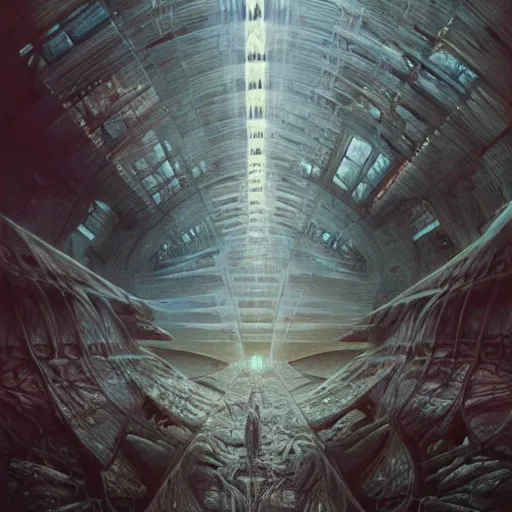 Prompt: inside epic futuristic structure by raymond swanland and zdzisław beksinski, highly detailed