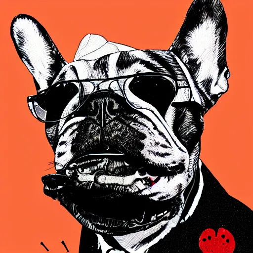 Prompt: French Bulldog, Fear & Loathing In Las Vegas, Ralph Steadman, digital art, psychedelic, full 4K quality resolution