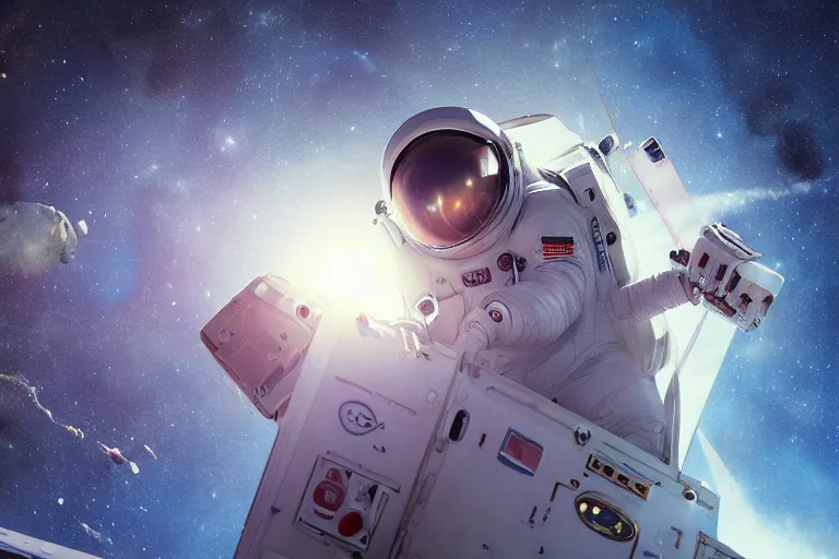 Prompt: ultra realistic digital painting of an astronaut floating in space, by greg rutkowski and studio ghibli, detailed, intricate, sharp focus, symmetry, sci - fi, fantasy, neon lights, galaxies, stars, space, realism, artstation, cinematic lighting, portrait, james webb space telescope, sound, music, vibration