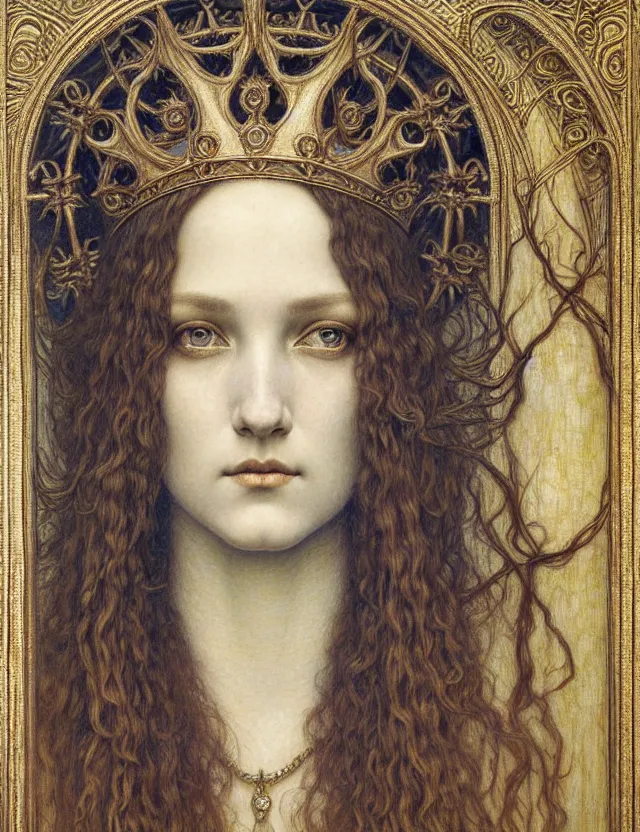 Image similar to detailed realistic beautiful young medieval queen face portrait by jean delville, gustave dore and marco mazzoni, art nouveau, symbolist, visionary, gothic, pre - raphaelite. horizontal symmetry