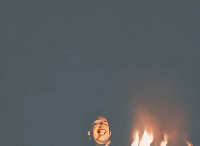 a man smiling while staring into a flame at night Stable Diffusion