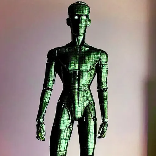 Image similar to “a realistic detailed photo of a guy who is an attractive humanoid who is half robot and half humanoid, who is a male android, twitch streamer Ninja Tyler Blevins, shiny skin, posing like a statue, blank stare, living room, display”