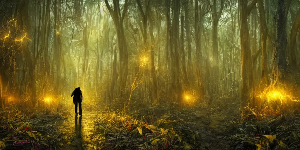 Prompt: a wizard walking through a forest of ancient neurons with yellow and red glowing synapses running through the forest fueling the matriarch of trees in the mountains, light creeps through the dense jungle, jungle mountains in the background with huge incredibly immense trees, highly detailed, hyperrealism, trending on art station, ancient forest like fanal forest or fangorn forest, misty forest, realistic painting, sharp image, hyper realistic art, highly detailed leaves, cinematic, art by konstantin razumov, chiaroscuro