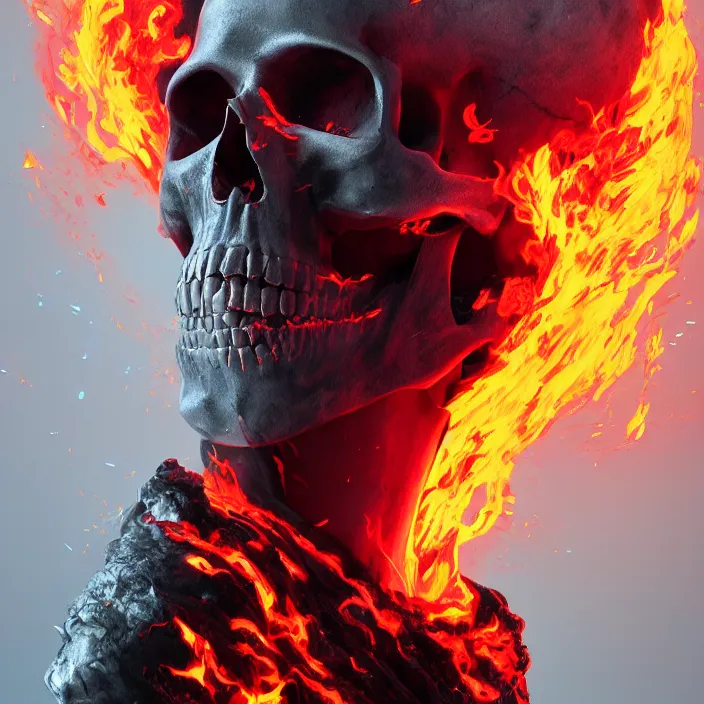 Image similar to portrait of a skull in a flame retardant suit. intricate abstract. intricate artwork. by Tooth Wu, wlop, beeple, dan mumford. octane render, trending on artstation, greg rutkowski very coherent symmetrical artwork. cinematic, hyper realism, high detail, octane render, 8k, iridescent accents