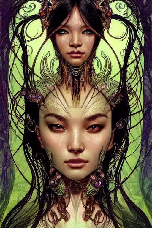 Prompt: beautiful and exotic and other-worldly alien queen portrait, sparkling eyes + front face with thick flowing hair, perfectly symmetrical facial features and muscle anatomy, ultradetailed art and illustration by jia ruan and chris bachalo and arthur suydam and alphonse mucha, fantasy, intricate complexity, scientific human structure, accurate human anatomy, fantasy character concept, watercolor, bleed, hyperrealism 8k