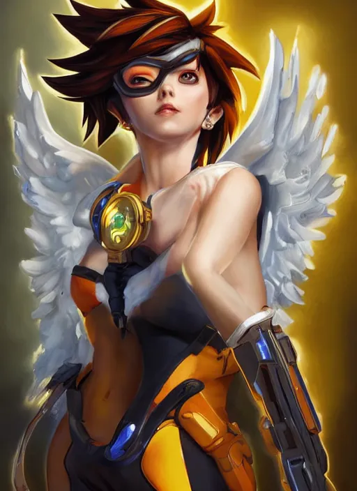 Prompt: full body oil painting of tracer overwatch in the style of mark brooks, angel wings, dramatic painting, symmetrical composition, wearing gold detailed choker, angelic, lights, flowers, heavenly, bright, detailed face,