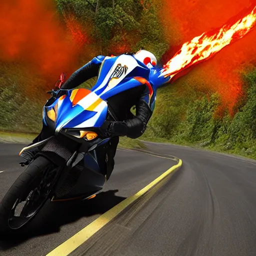 Prompt: new aesthetic and fast motorcycle. Flaming roads. photo realistic. high details. race. hyper realistic