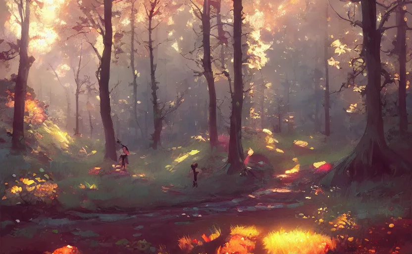 Prompt: dreamy magical forest by Atey Ghailan and Michael Garmash,