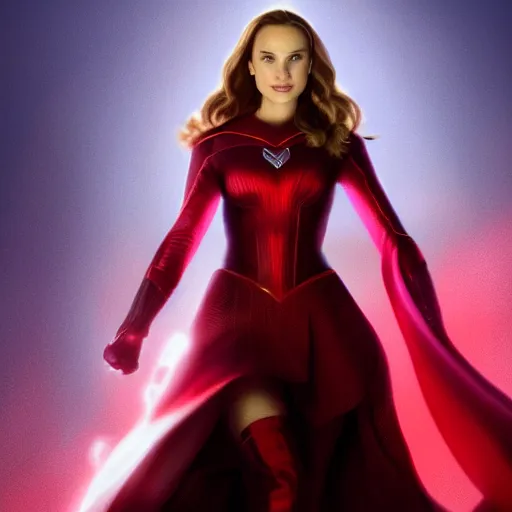 Image similar to Natalie Portman as scarlet witch from MCU, highly detailed, artstation, 8K HDR, sunset.