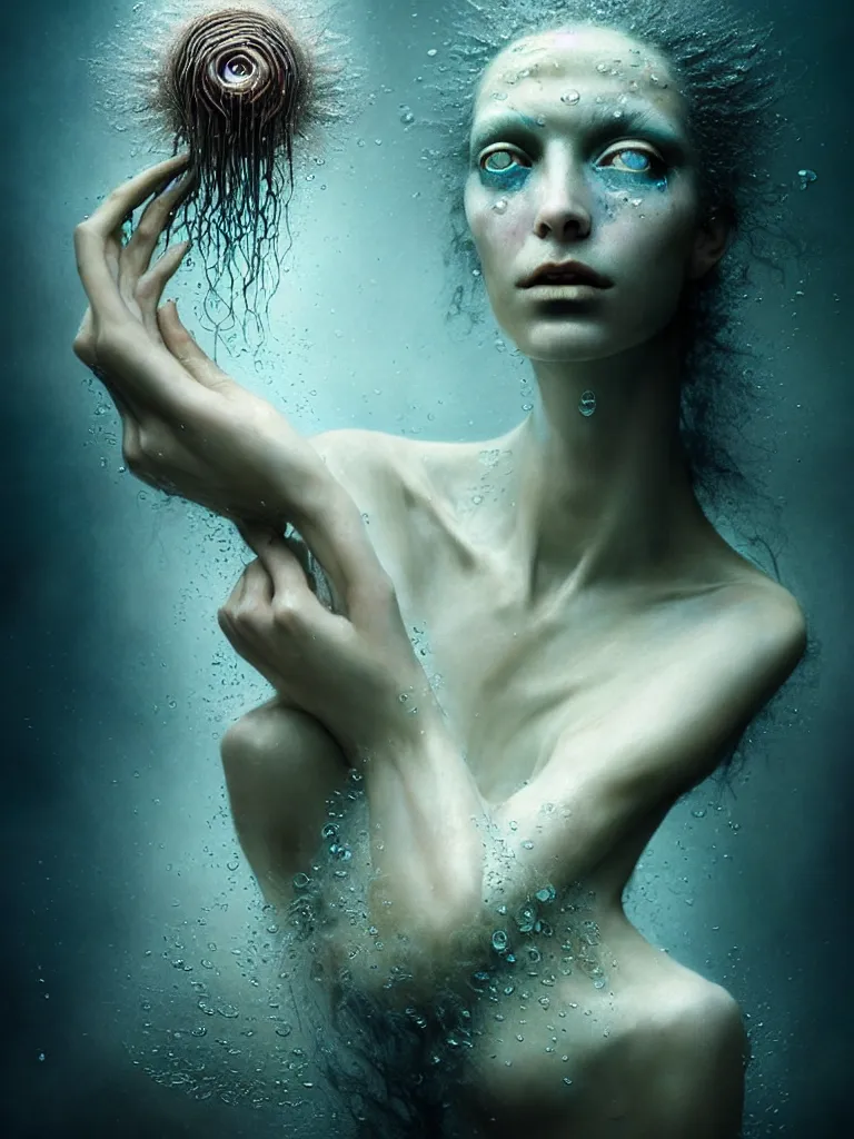 Image similar to kodak portra 4 0 0 fine art portrait by paolo roversi of a dystopian woman hybrid fluid water statue in a scenic dystopian environment, vortex hair floating in air, dreamy intricate, elegant, highly detailed, digital art, artstation, smooth, sharp focus, tomasz alen kopera, peter mohrbacher, donato giancola, dreamy colors