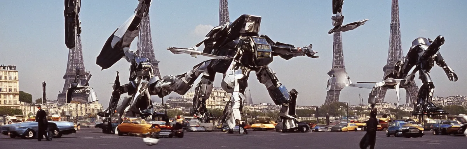 Image similar to Still from the 1969 movie MECHA-CONCORDE vs ROBO-EIFFEL the giant humanoid Eiffel Tower battles the swan-like superplane above the streets of paris-futur - starring ALAIN DELON - art direction by moebius hq production still technicolor