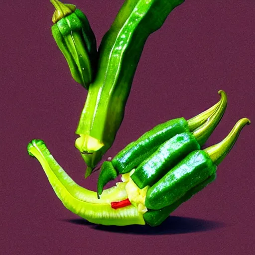 Prompt: a dish of oprah winfreys face fused with okra veg with green stalky ( ( green oprah winfrey's face ) ), okra shaped stalk nose, oprah okra winfrey sentient veg, by greg rutkowski