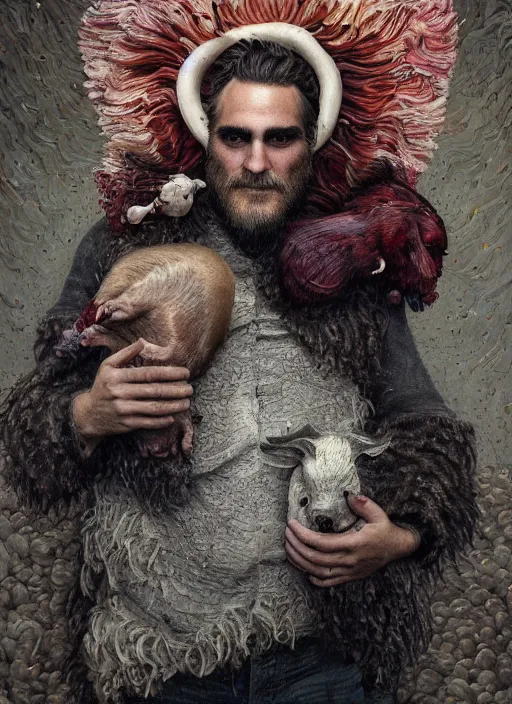 Image similar to a hyper detailed painting of joaquin phoenix surrounded by animals, cow horns, pig nose, sheep wool, chicken feather armor, horror, by anna podedworna, by miklos ligeti, by diego maricato, by taran fiddler, by antonino truisi, by chris reddie, by jinsung lim, trending on artstation