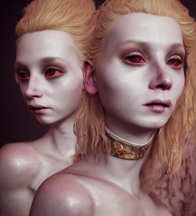 Image similar to baroque portrait of a blonde princess of porceline skin, floral tattoos, cinematic lighting, photorealistic, octane render, 8 k, depth of field, art by francis bacon