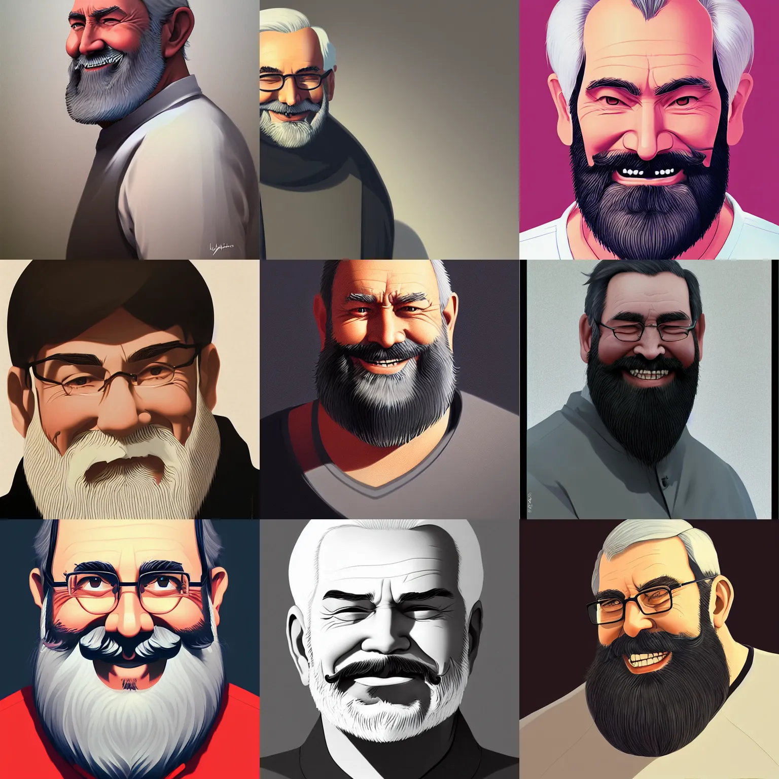 Prompt: A smiling man with a flowing grey beard by ilya kuvshinov