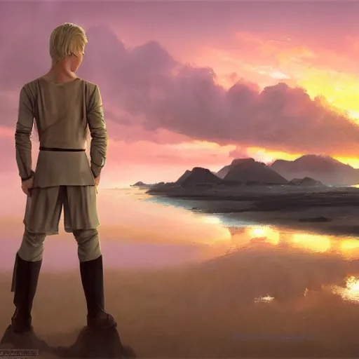 Image similar to a young blonde male jedi with short hair standing still looking at the sunset concept art by Doug Chiang cinematic, realistic painting, high definition, concept art, portait image, path tracing, serene landscape, high quality, highly detailed, 8K, soft colors, warm colors, turbulent sea, high coherence, anatomically correct, hyperrealistic, concept art, defined face, five fingers, symmetrical