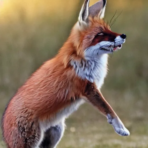 Prompt: savage fox snarls as it leaps towards a rabbit boy hybrid