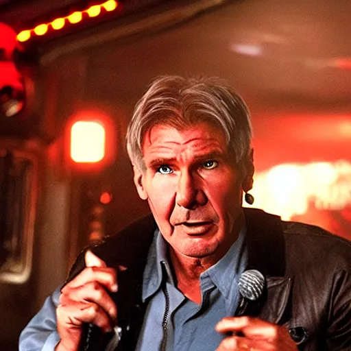 Image similar to harrison ford as deckard from bladerunner doing standup comedy in a cyberpunk bar