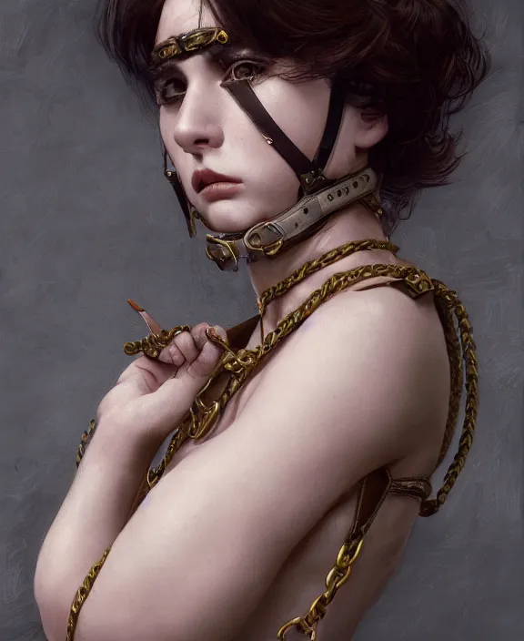 Image similar to a highly detailed portrait, intricate leather suspenders, leather collar and chain, honey birdette, realistic portrait, deep focus, matte, digital painting, artstation, concept art, smooth, sharp focus, cinematic lighting, art by artgerm and greg rutkowski and alphonse mucha, araki nobuyoshi, anders petersen