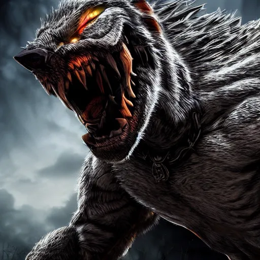 Image similar to armoured werewolf highly detailed, dramatic lighting, cinematic, 4k