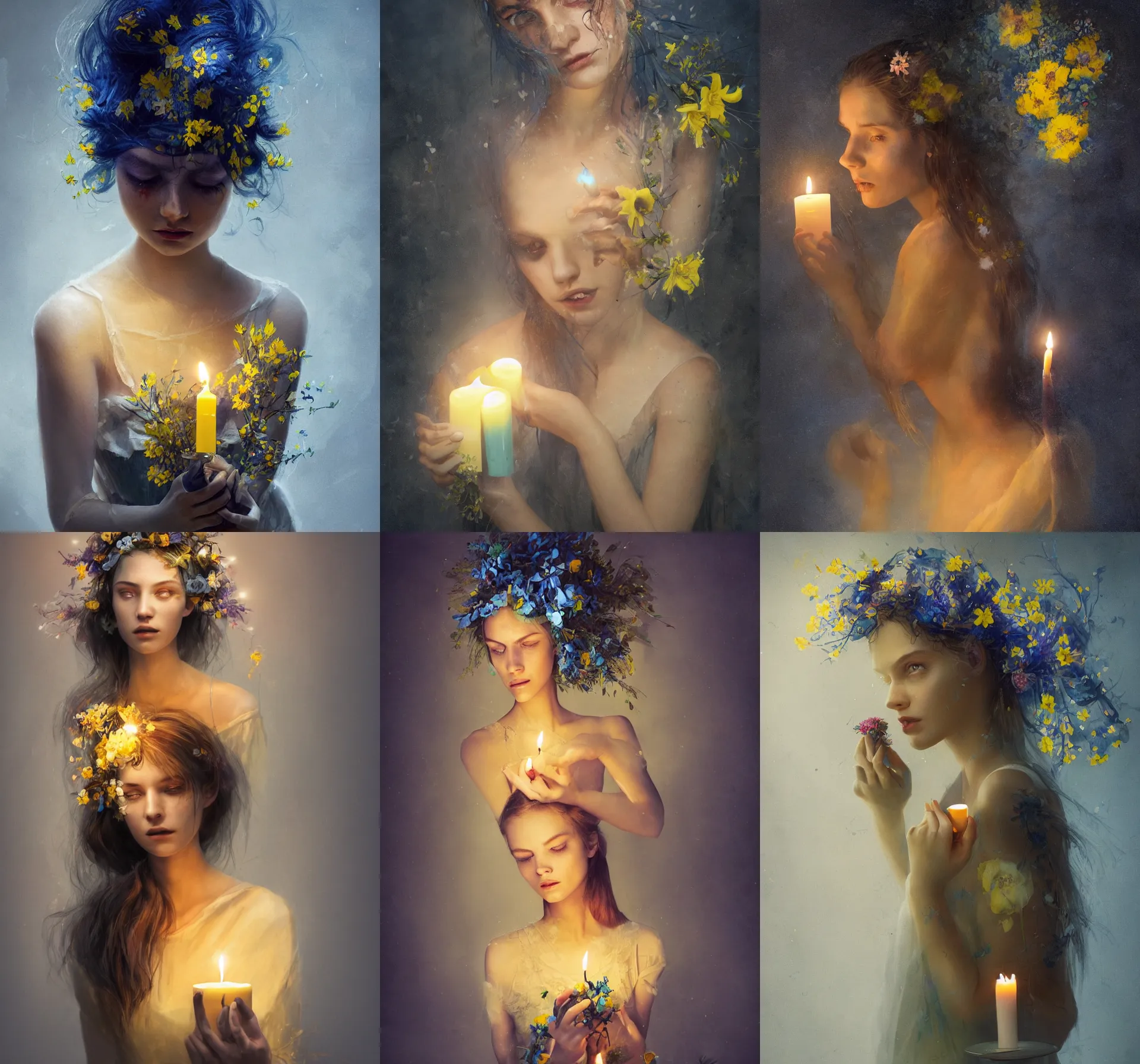 Image similar to A gorgeous young woman with blue-yellow tapes and flowersand in her hair sad crying and a candle in her hand, high detail, styled by Greg Rutkowski, dark background, dramatic lighting