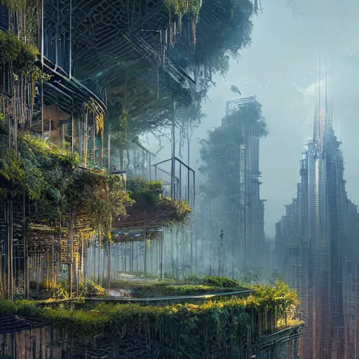 Prompt: landscape overgrowth skyscrapers cryengine render intricate details digital art by greg rutkowski, james christensen, benoit mandelbrot