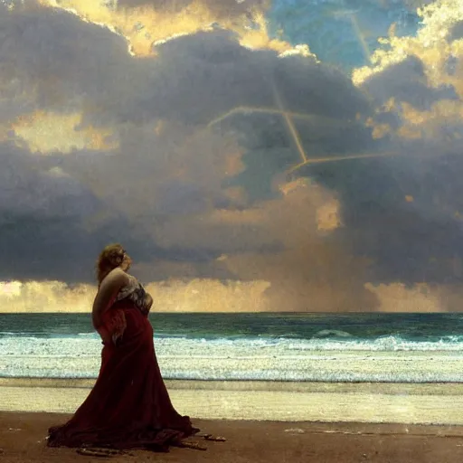 Image similar to a highly detailed portrait of a large cross standing on the beach as a storm comes in with the tide, a beautiful blonde woman sitting in the sand watching the ocean, epic fantasy, god rays, rocky beach, aerial photography, volumetric lighting, octane render, exquisite detail, 8 k, art by norman rockwell and albert bierstadt and alphonse mucha