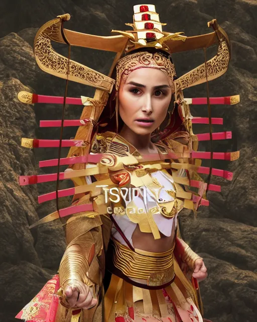 Prompt: movie still of Olivia Culpo as a temple miko in feudal japan, clear makeup, clean hair, dry skin, clear skin, airbrushed, bright eye makeup, warrior body, photo by mario testino, 8k octane render, cinematic, hyper detailed, micro details, insanely detailed, trending on artstation, concept art, Peter Paul Rubens and Peter Mohrbacher style