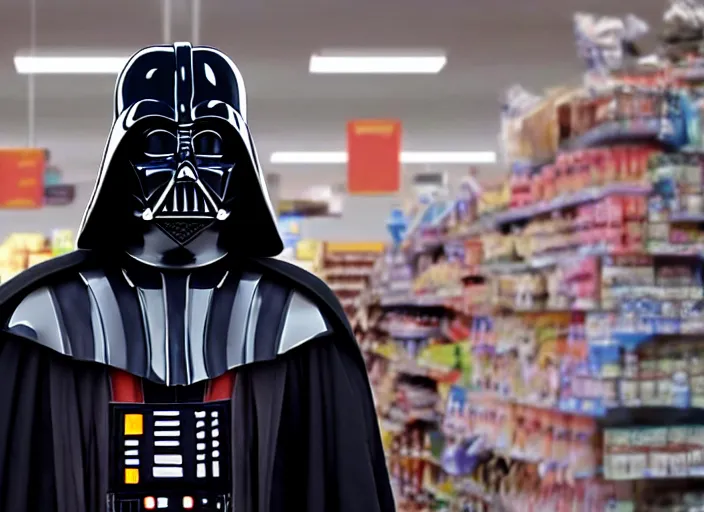 Image similar to film still of Darth Vader working as a cashier at a grocery store in the new Star Wars movie, 4k