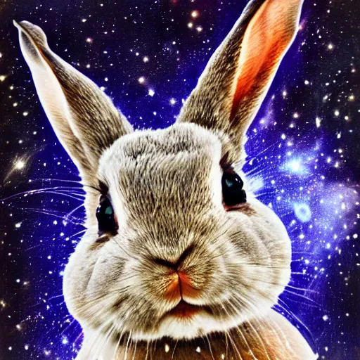 Prompt: serious rabbit's face, front view, filled with nebula, higher realistic, detailed