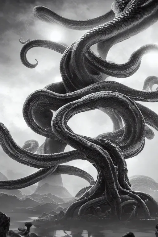 Image similar to giant ancient alien tentacles artwork by yoshitaka amano, black and white, detailed background, extremely detailed, octane rendering, sharp focus, volumetric light, particles, unreal engine 5, rtx