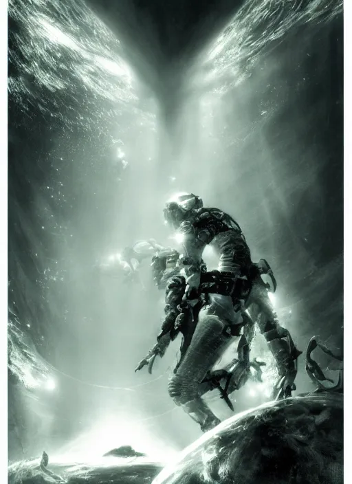 Image similar to astronauts in dark and empty void underwater - complex and hyperdetailed technical suit. reflection and dispersion materials. rays and dispersion of light. volumetric light. 5 0 mm, f / 3 2. noise film photo. flash photography. ultra realistic, wide angle. poster by wayne barlowe, hajime sorayama aaron horkey, craig mullins