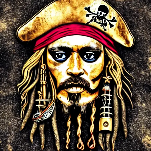 Prompt: a potrait of pirates, king of pirates, gold teeth, crazy hair, wearing armor, flag on his back, 1 6 0 0 century, jack sparrow, black beard, one piece, photo realistic, in a circle, nft style, dust, grain, scretch on picture, noise, deep focus, high detail