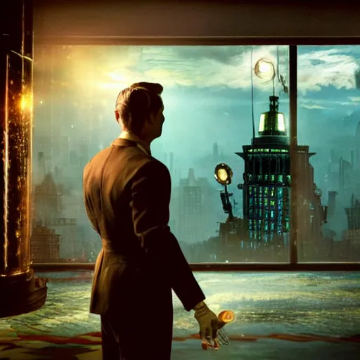 Image similar to a highly detailed cinematic photo from a live - action bioshock movie. andrew ryan, portrayed by ryan gosling, is shown standing in a 1 9 3 0's office with a large desk in front of a floor - to - ceiling window looking out onto the underwater city of rapture shining in the distance, several fish are shown outside of the window