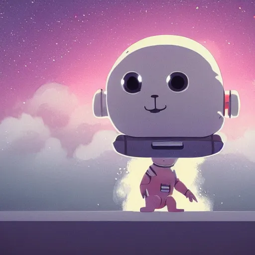 Image similar to scared baby harp seal dressed as an astronaut floating far away from a spaceship, alone in deep space, black bacgkground with scattered stars, lonely, scary, wide shot, atey ghailan, goro fujita, studio ghibli, ominous, dark lighting, clear focus, very coherent,