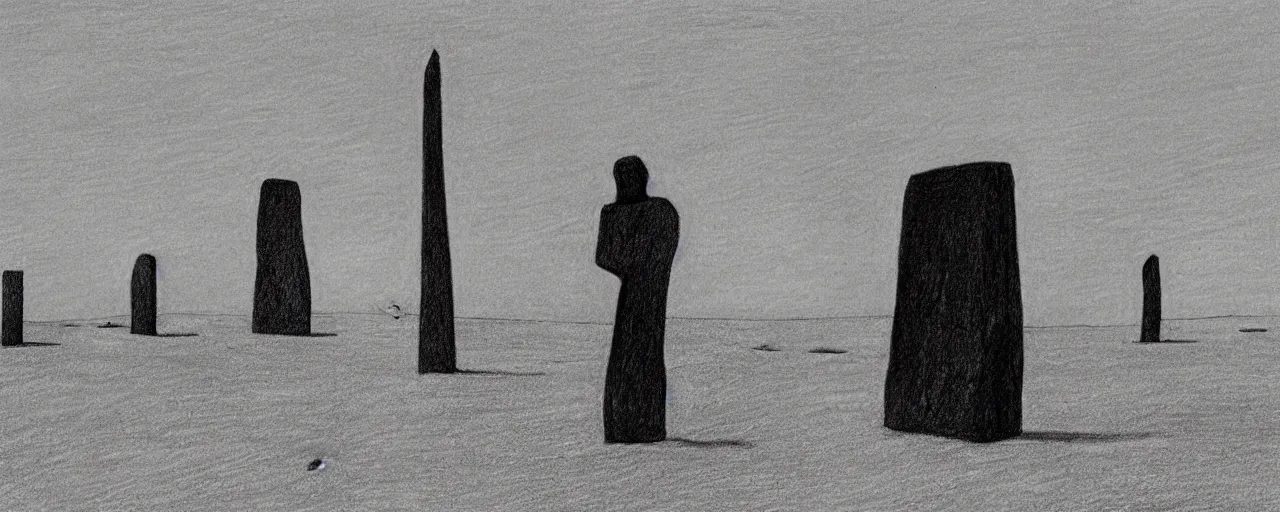 Prompt: A drawing of The grim reaper stands large in front of neolithic standing stones of stenness, by Sol LeWitt