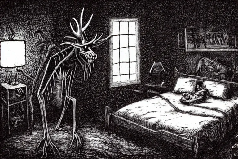 Image similar to photo of a wendigo in a bedroom, at night