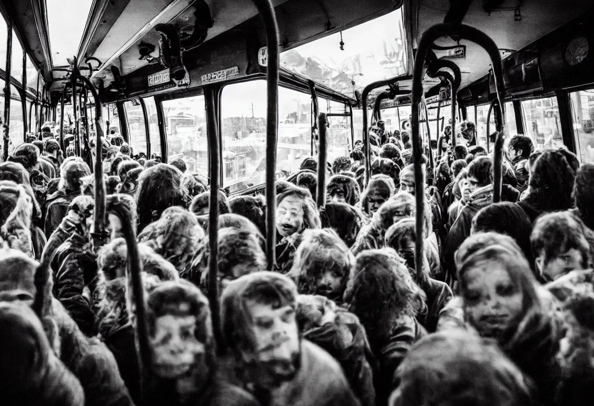 Prompt: photo of a interior of a crowded bus, there is a huge monster octopus trying to break in, octopus beak, tentcles creeping in thrugh the windows and gaps, people are scared and screaming while trying to flee through the windows, 1 6 mm lens,