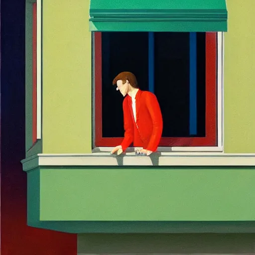 Prompt: a fine art painting of man smoking a spliff at the glass door of a balcony at night, in the style of wes anderson and edward hopper