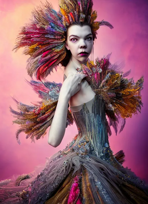 Image similar to expressive full body photo of anya taylor - joy, dress made of sweets and candies, glamour shot, by karol bak, stefan gesell, photorealistic, nikon d 4 x, fashion photography, hyper maximalist, elegant, ornate, luxury, elite, environmental portrait, symmetrical features, octane render, unreal engine, solid dark grey background, dramatic lights