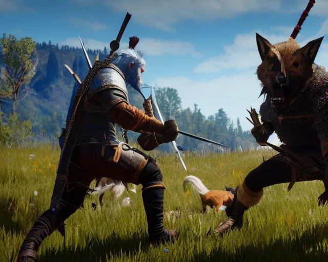 Image similar to gerald of rivia fighting furries from witcher 3 ( 2 0 1 5 videogame )