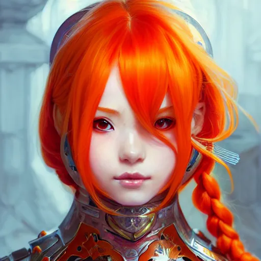 Image similar to Asuna Yuuki, Portrait of a girl with orange hair wearing a partial paladin armor with a red skirt and white top, face, fantasy, intricate, elegant, highly detailed, digital painting, artstation, concept art, smooth, sharp focus, illustration, art by Fernanda Suarez and Artem Demura and alphonse mucha