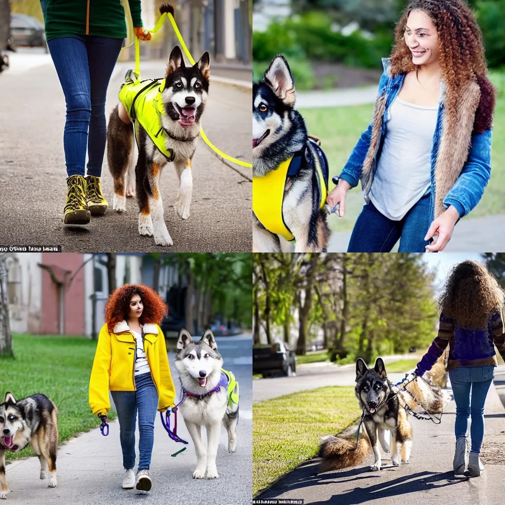 Prompt: a young latina woman with curly brown hair is wearing a yellow cyberpunk jacket is walking a husky shepard mix with blonde fur