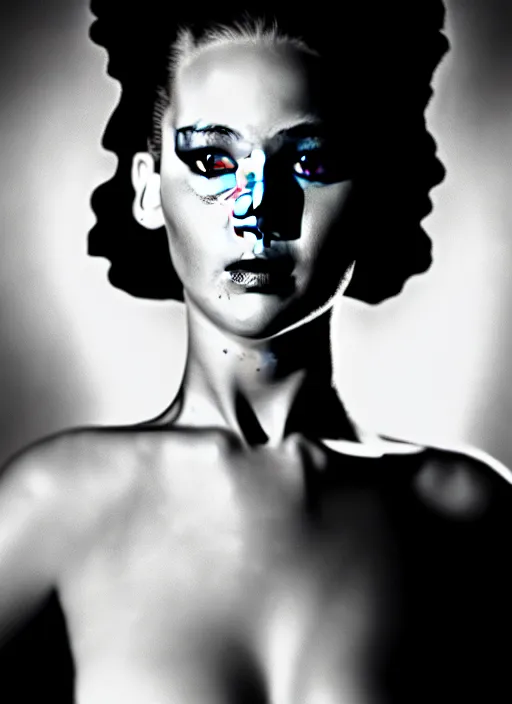 Image similar to award winning fashion photography portrait of jennifer lawrence as the bride of frankenstein, very pretty eyes, face in focus, soft lighting, volumetric shadows, 8 k photography, still from john waters movie