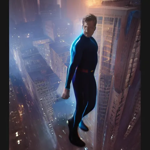 Image similar to ryan reynolds as a black and blue suit spider - man, cinematic, volumetric lighting, f 8 aperture, cinematic eastman 5 3 8 4 film, photorealistic by greg rutkowski, by stanley artgerm, by alphonse mucha