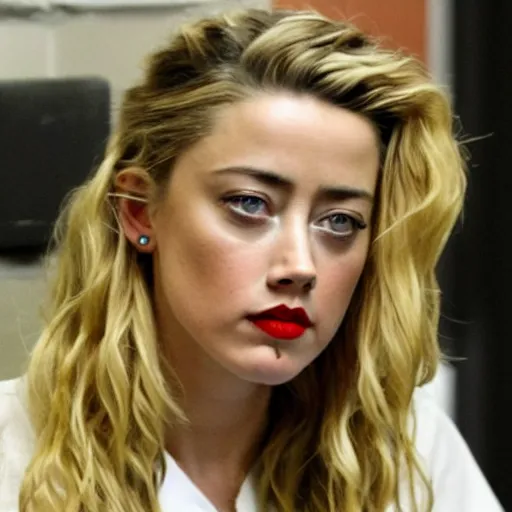 Image similar to amber heard behind bars locked in a jail cell with a frown on her face and wearing a prisoner uniform