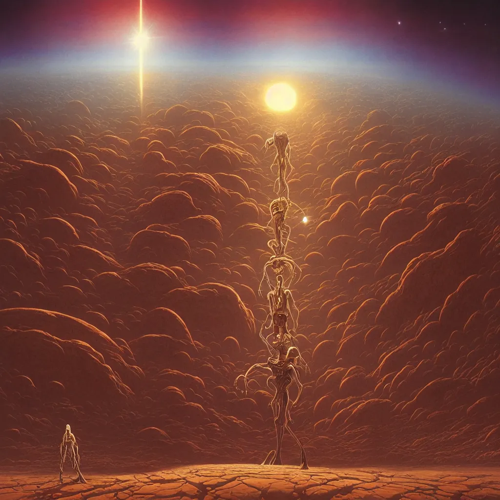 Image similar to high detailed alien looking to its dead planet on a progressive rock 70s album cover style by Eliran Kantor, abstract, evangelion third impact inspired, desert environment, Eloy band, Zdzisław Beksiński, by George Caleb Bingham and Donato Giancola and Bob Eggleton, cinematic, unreal engine, high quality, eerily beautiful, cgsociety, artgerm, 4K, UHD, trending on ArtStation, dune, pulp magazines